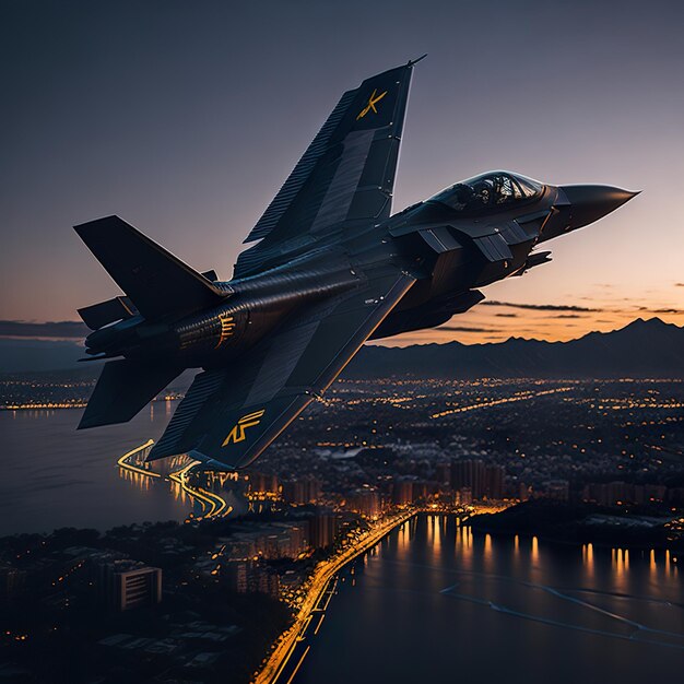 Foto foto avião de guerra com design moderno voando sobre o oceano no pôr-do-sol da cidade