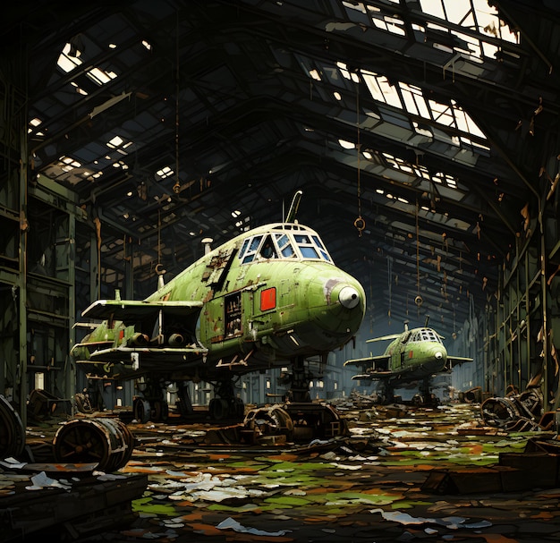 Foto Aviões militares abandonados sentados em florestas cobertas de vegetação empoeiradas e sujas geradas