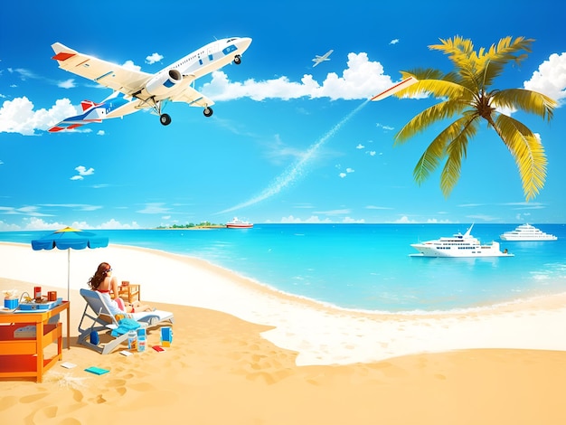 Una foto de un avión y una mujer en una playa.