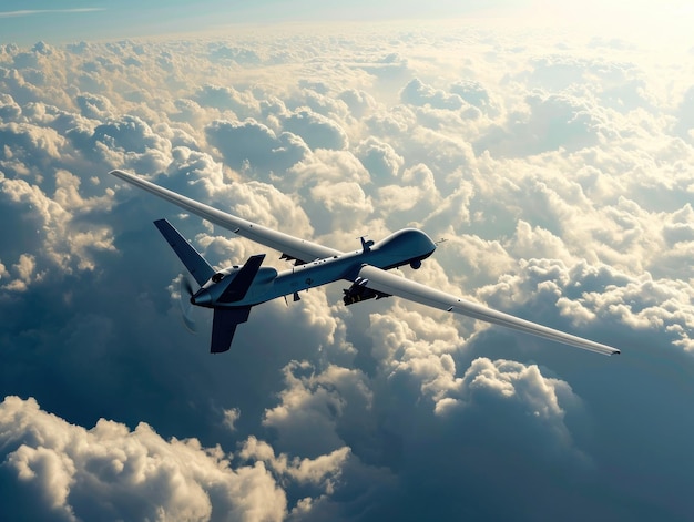 Foto de un avión no tripulado de combate en el cielo