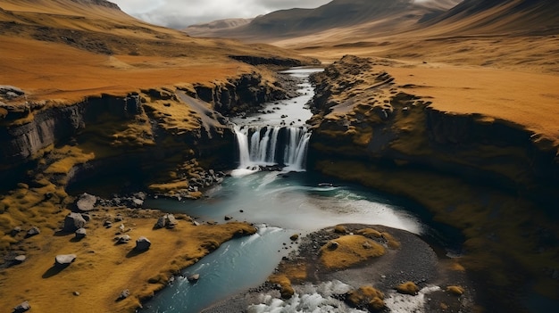 Una foto de un avión no tripulado de un lago en Islandia con una cascada a un río debajo