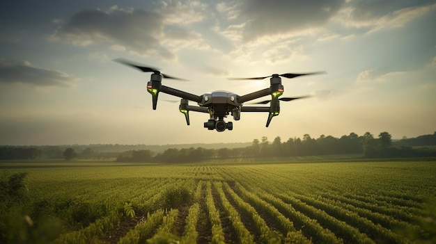 Una foto de un avión no tripulado volando sobre una granja monitoreando la salud de los cultivos