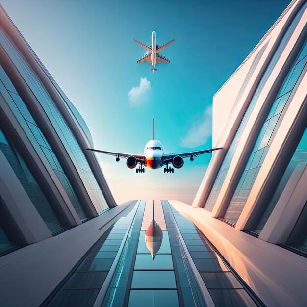 Foto de un avión volando en el cielo sobre una oficina de cristal