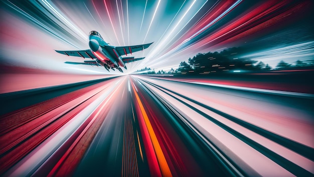 Foto de un avión volando a través de un cielo vibrante iluminado por rayas de luz