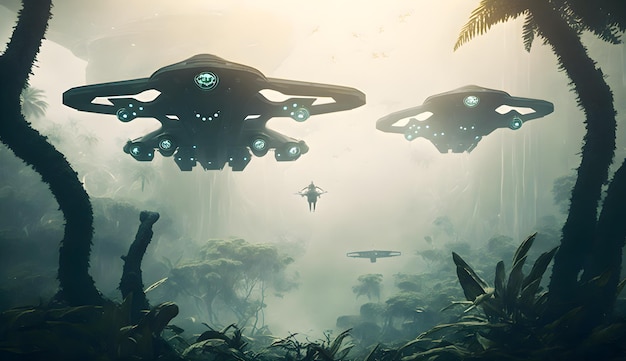 Foto aviones futuristas vuelan sobre brumosa jungla alienígena aigenerated generative ai