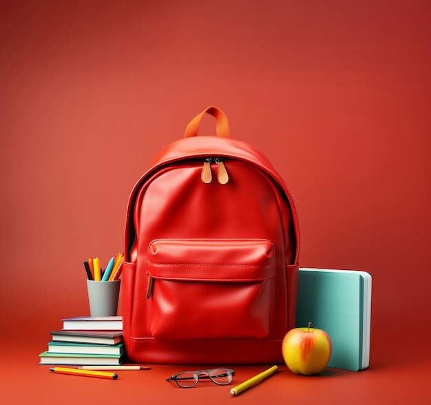 Foto Back-to-School-Rucksack mit Vorräten auf rot