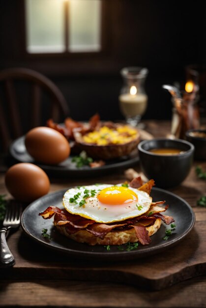 foto bacon e ovo pequeno-almoço em mesa de madeira