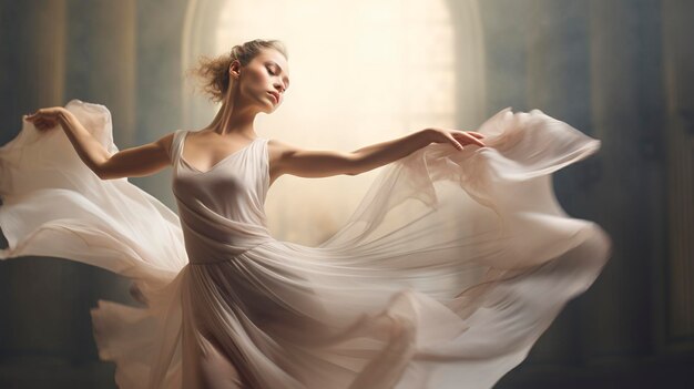 Una foto de una bailarina de ballet en un gran jet que fluye