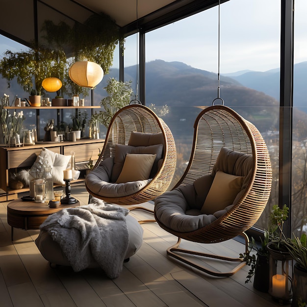 foto de un balcón con un interior acogedor y moderno con vistas al mar de fondo