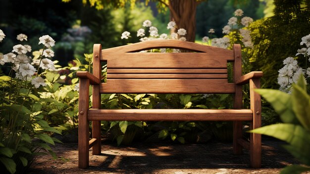 Una foto de un banco de madera en un jardín