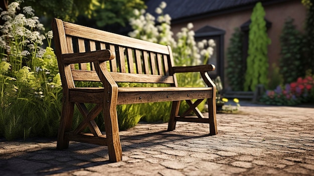 Una foto de un banco de madera en un jardín