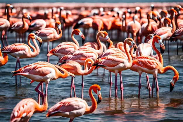 foto de una bandada de flamencos rosados en la bahía de Walvis, Namibia