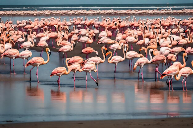 Foto de una bandada de flamencos rosados en la bahía de Walvis, Namibia