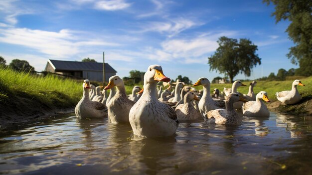 Una foto de una bandada de patos en un estanque de la granja