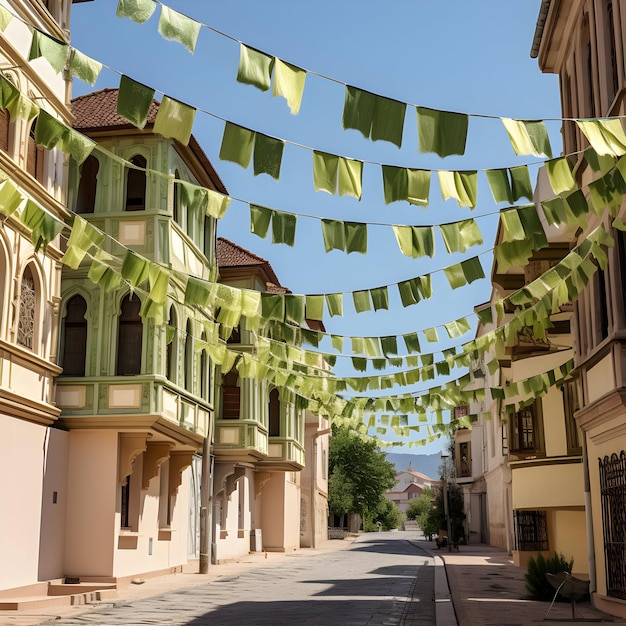 Foto bandeiras verdes nas ruas para a celebração islâmica do 12 de Rabi Ul Awal