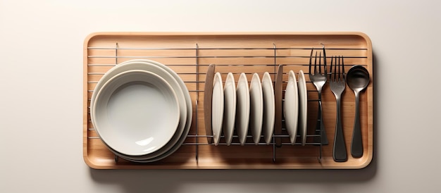 Foto de una bandeja de madera con un conjunto cuidadosamente arreglado de platos blancos y platos de plata