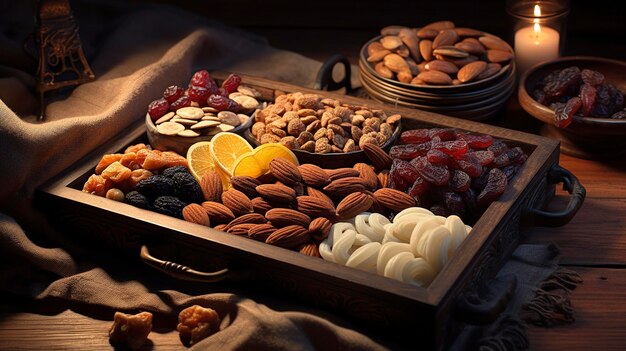 Una foto de una bandeja de nueces y frutas secas