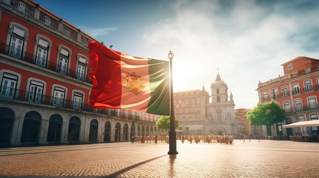 Foto una foto de la bandera portuguesa en una plaza histórica de la ciudad