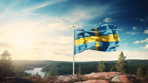 Foto foto de la bandera sueca en un pintoresco archipiélago