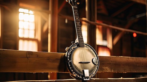 Una foto de un banjo en un granero rústico con la cálida luz del sol corriendo en