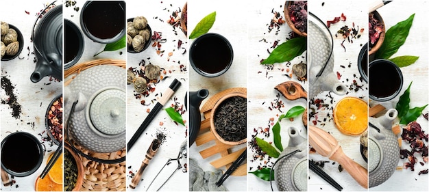 Foto banner Foto collage ceremonia del té té en tetera con tazas sobre un fondo blanco de madera