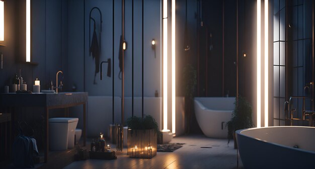 Foto de un baño minimalista con bañera moderna y lavabo elegante.
