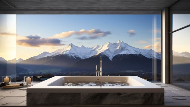 Una foto de un baño de spa con una vista de una cordillera