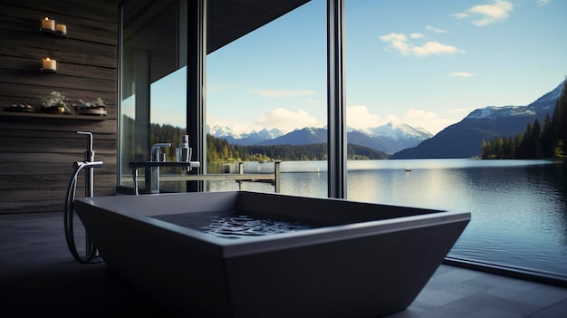 Una foto de un baño de spa con una vista de una orilla del lago