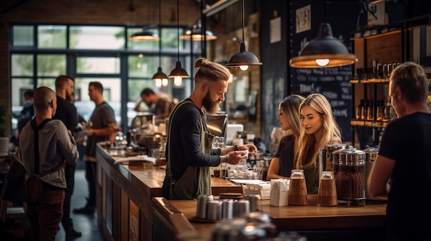 Una foto de un bar de café hipster con baristas preparando café