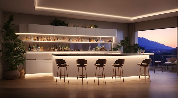 Foto de un bar y sillas en una habitación elegante.