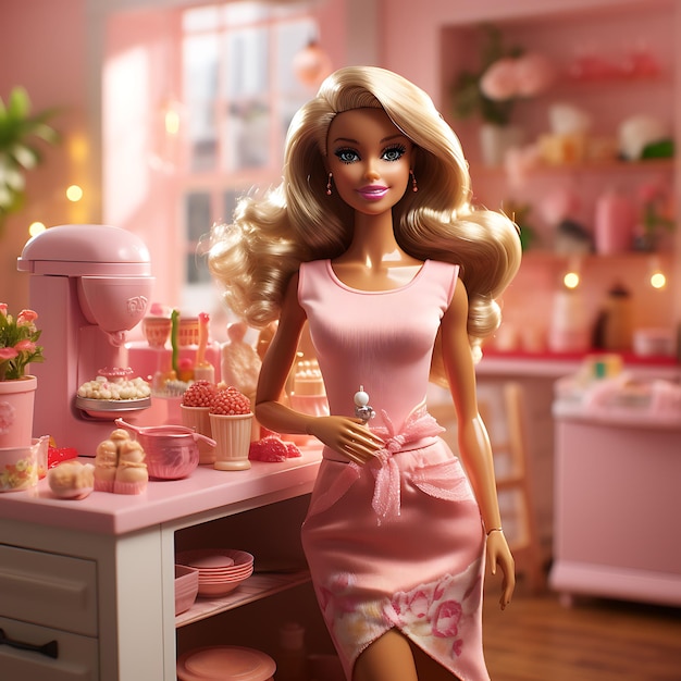 Foto de Barbie en su cocina rosa