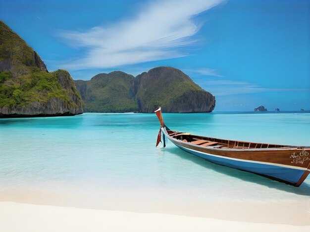 Foto de barco largo y agua azul en la bahía de Maya en la isla de Phi Phi Krabi Tailandia ai generado