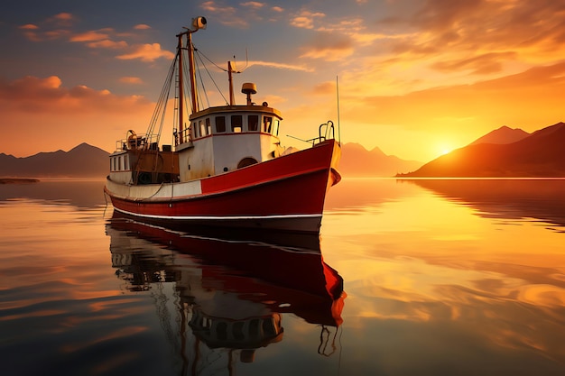 Foto de un barco de pesca que regresa al puerto al atardecer