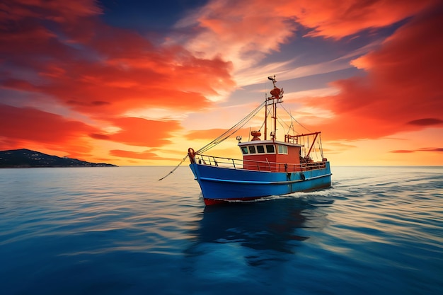 Foto de un barco de pesca que regresa al puerto al atardecer