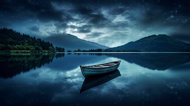 Una foto de un barco solitario en un lago tranquilo