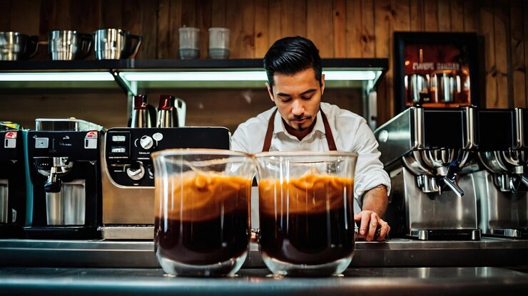 Foto de un barista haciendo y mezclando café con un fondo de café moderno y estético
