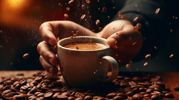 Una foto de un barista con las manos sosteniendo una taza con granos de café