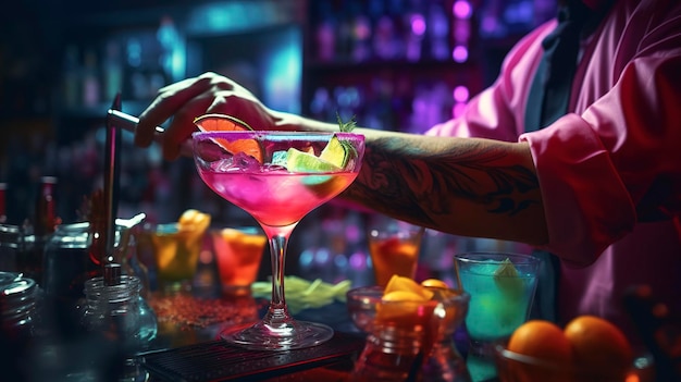 Una foto de un barman creando un cóctel colorido.