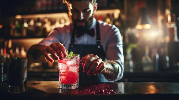 foto barman preparando un delicioso cóctel refrescante