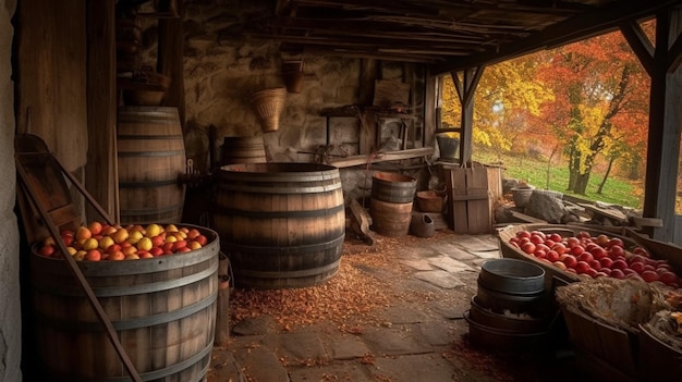 Una foto de un barril con manzanas dentro.