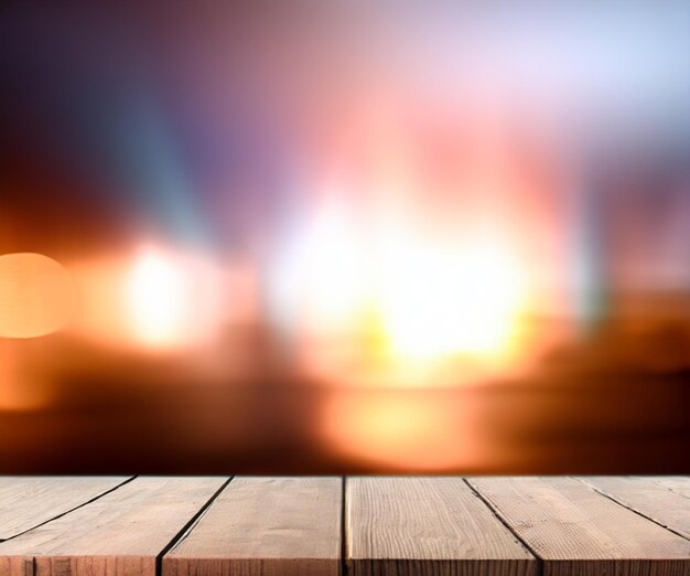 Foto de una base de madera con efecto bokeh de fondo.