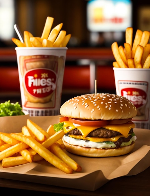 Foto Batatas fritas e hambúrguer em restaurante fast food