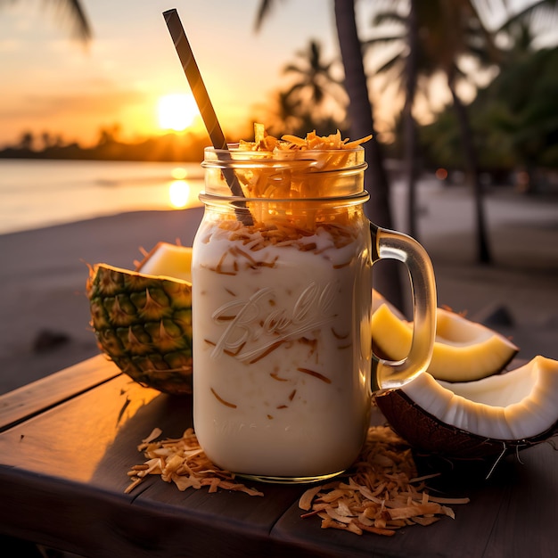 Foto de un batido de coco de piña un batido cremoso y tropical Wi Vista delantera BG limpio