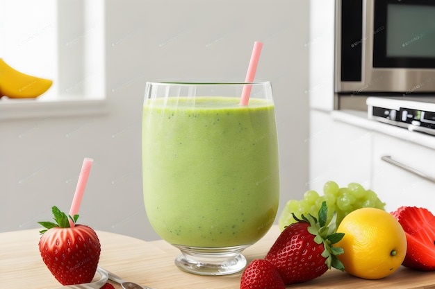 Foto batido de frutas y verduras frescas en la mesa de la cocina en vidrio