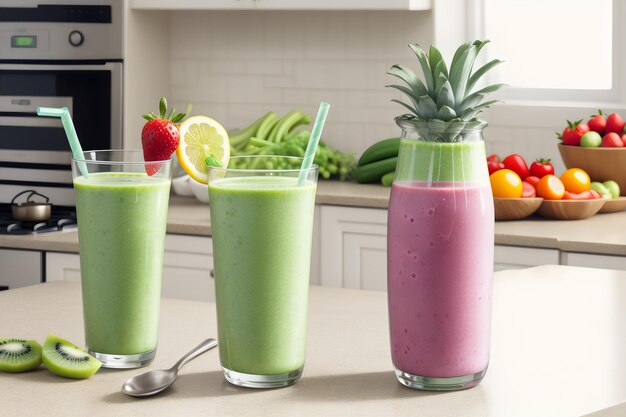 Foto batido de frutas y verduras frescas en la mesa de la cocina en vidrio