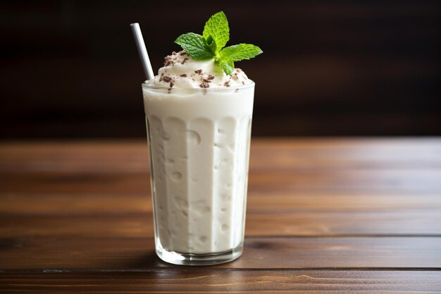 una foto de un batido de leche cremoso fresco en una mesa de madera