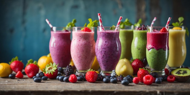 Foto de batidos saludables en una mesa antigua