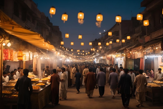 Una foto de un bazar ocupado en la noche de Ramadán