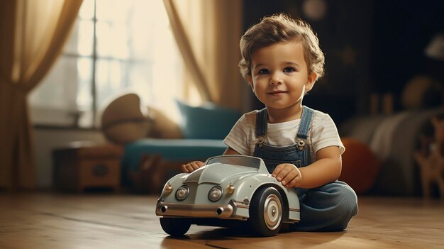 Una foto de un bebé con un coche de juguete