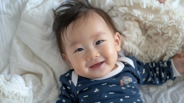 Foto de un bebé gracioso sonriendo y tendido en una ropa de cama blanca en casa